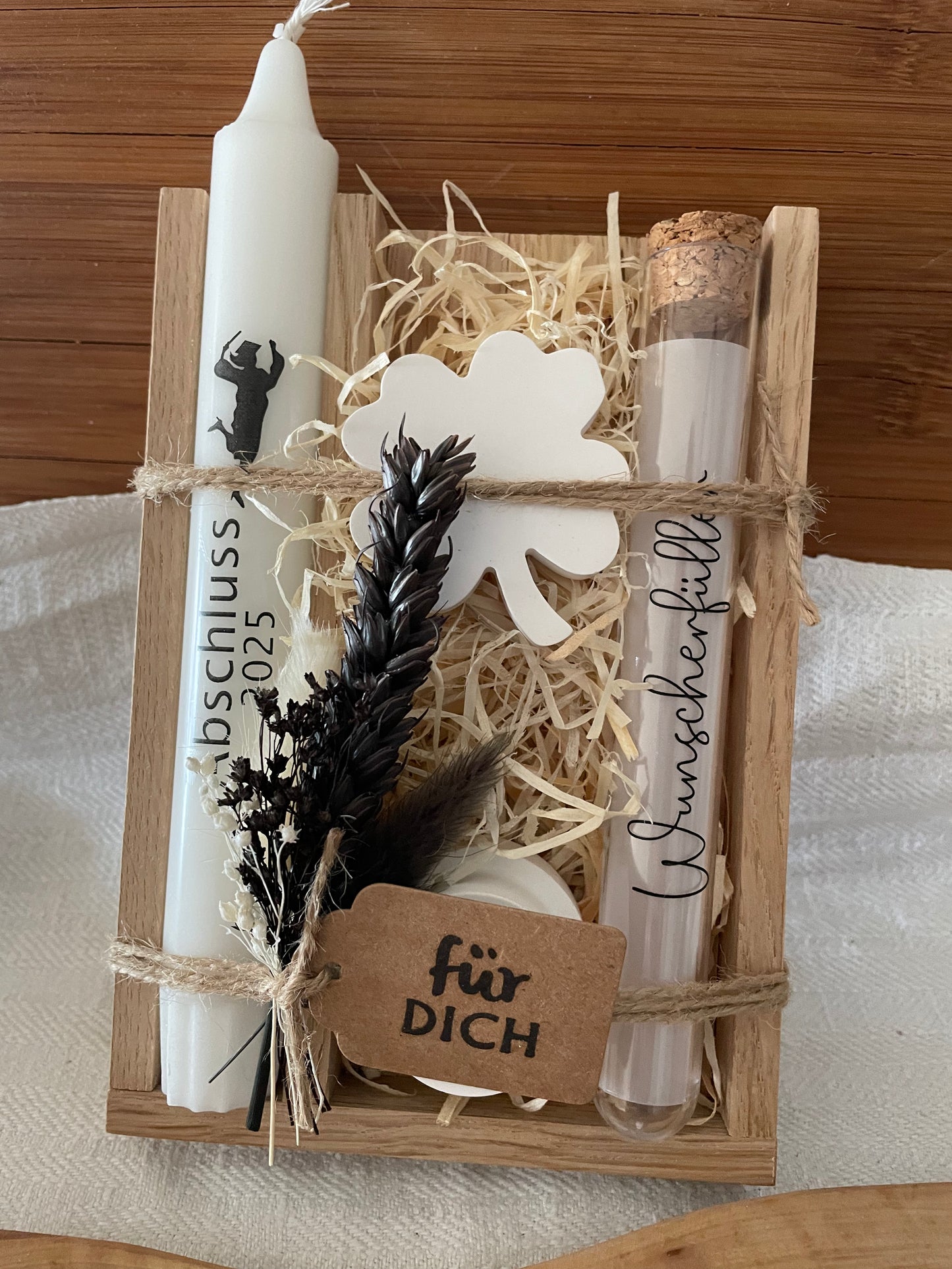 Geschenkset zum Bachelor, Master, Abschluss, Promotion oder Doktor / mit Geldröhrchen / Geldgeschenk / Kerzenbotschaft / Glückwünsche