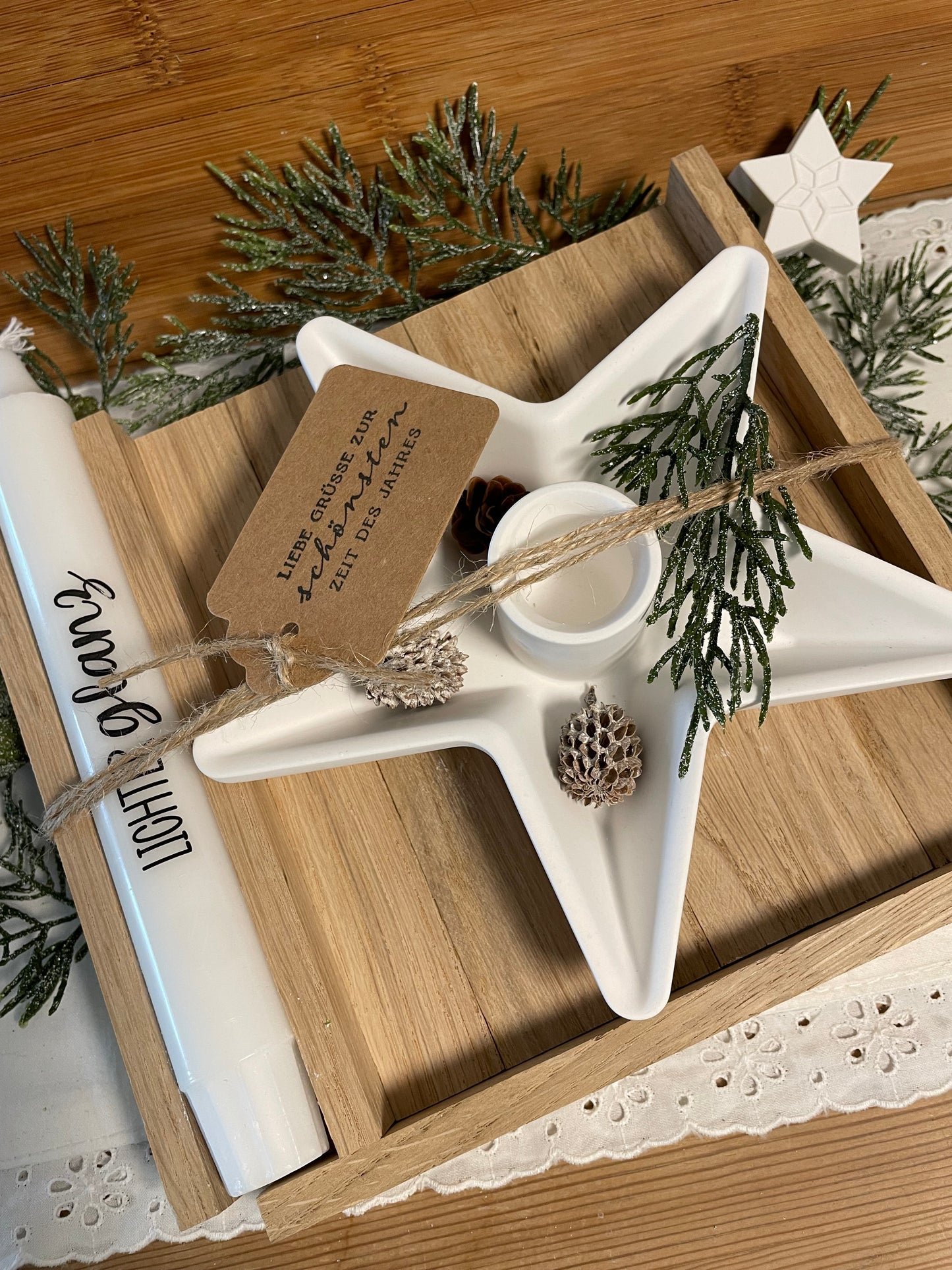 Geschenkset zu Weihnachten / Kerzenhalter Sternform / Weihnachtsgeschenk / Mitbringsel / Holzverpackung