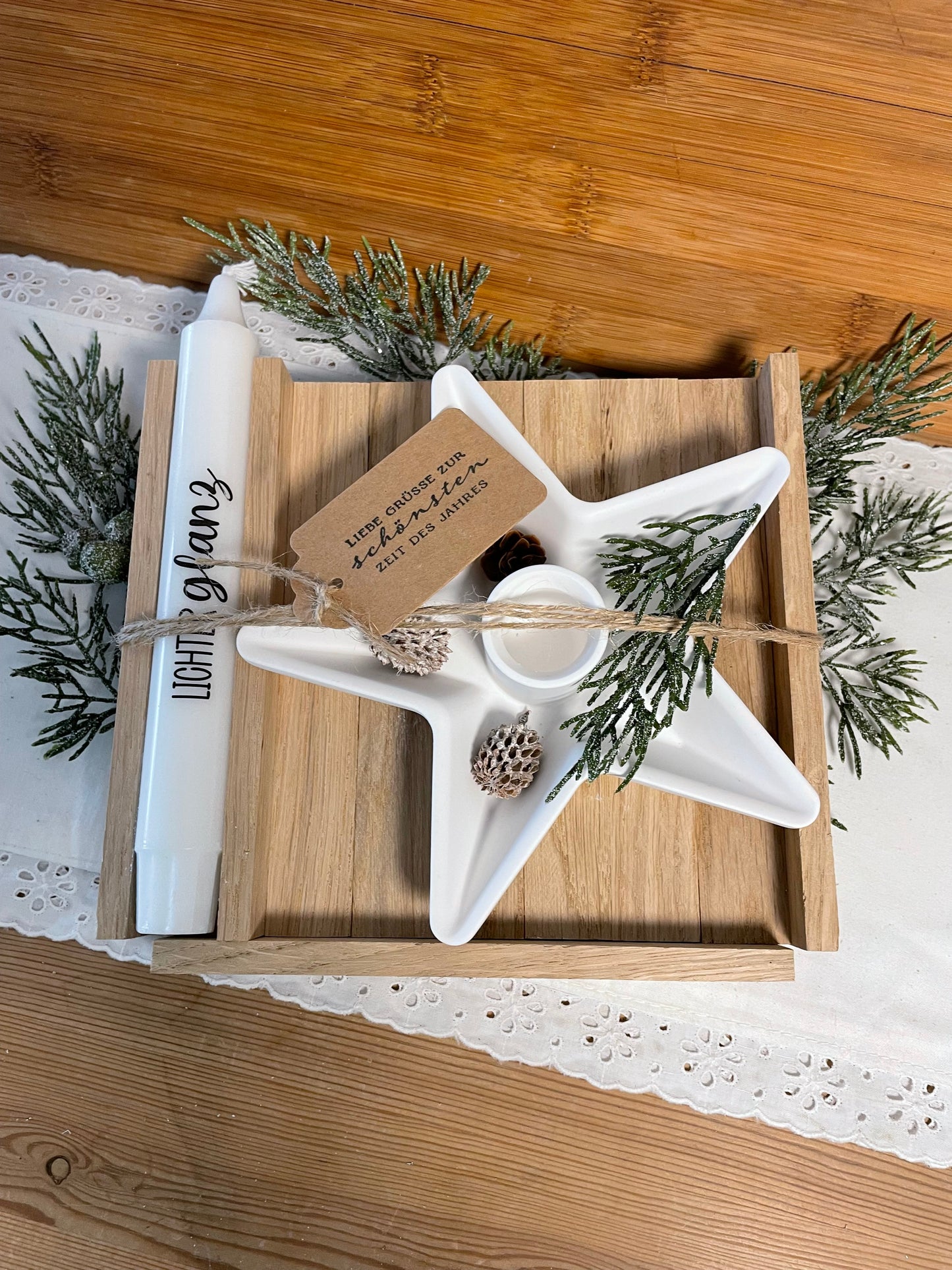 Geschenkset zu Weihnachten / Kerzenhalter Sternform / Weihnachtsgeschenk / Mitbringsel / Holzverpackung