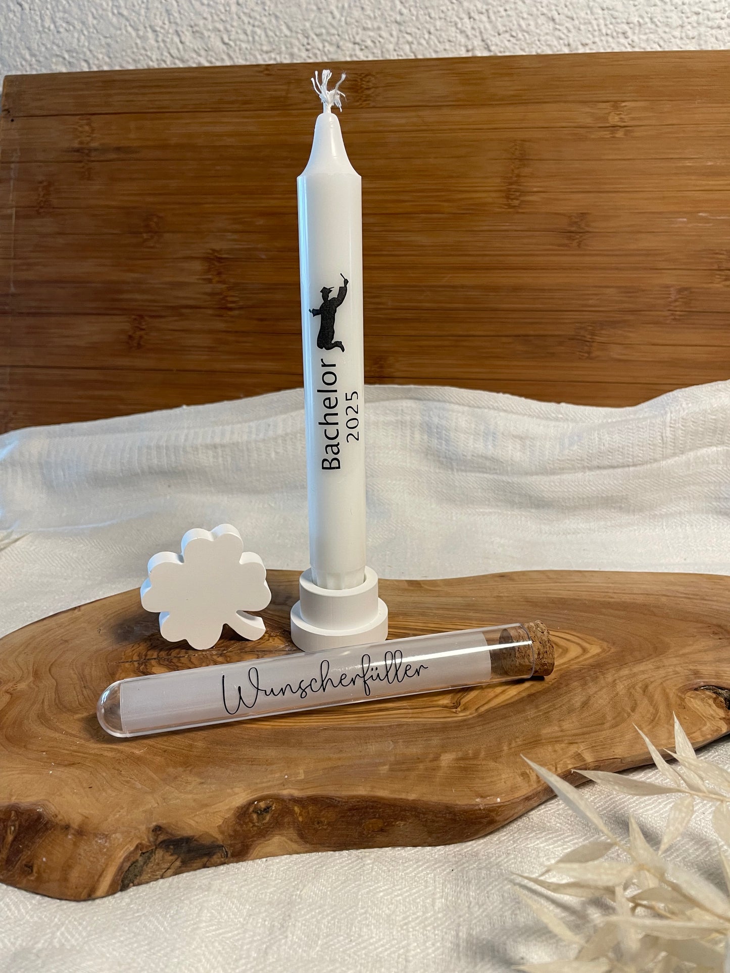 Geschenkset zum Bachelor, Master, Abschluss, Promotion oder Doktor / mit oder ohne Geldröhrchen / Geldgeschenk /  Kerzenbotschaft / Glückwünsche