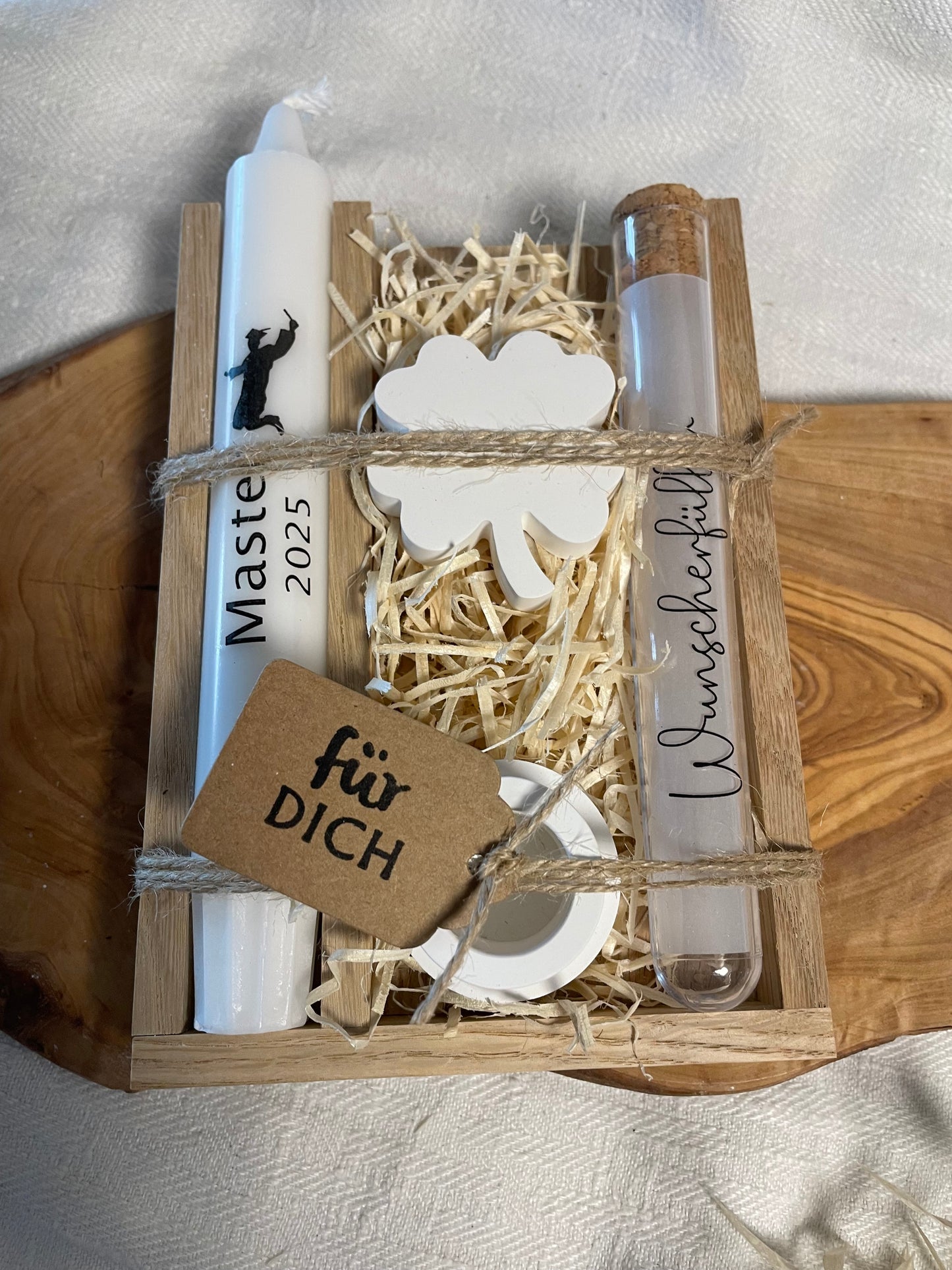 Geschenkset zum Bachelor, Master, Abschluss, Promotion oder Doktor / mit oder ohne Geldröhrchen / Geldgeschenk /  Kerzenbotschaft / Glückwünsche