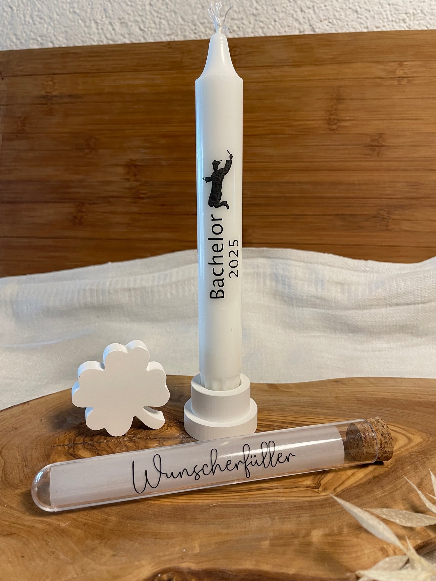 Geschenkset zum Bachelor, Master, Abschluss, Promotion oder Doktor / mit oder ohne Geldröhrchen / Geldgeschenk /  Kerzenbotschaft / Glückwünsche