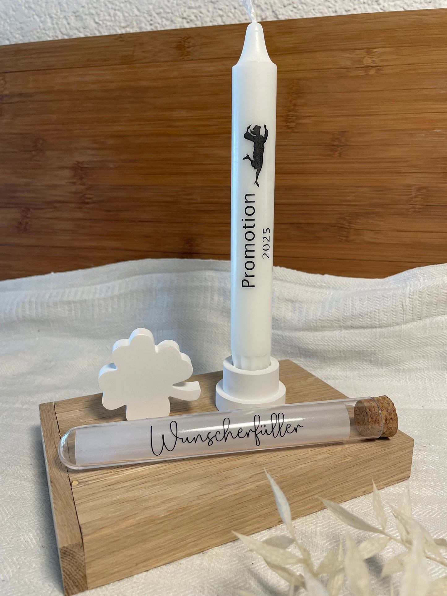 Geschenkset zum Bachelor, Master, Abschluss, Promotion oder Doktor / mit oder ohne Geldröhrchen / Geldgeschenk /  Kerzenbotschaft / Glückwünsche