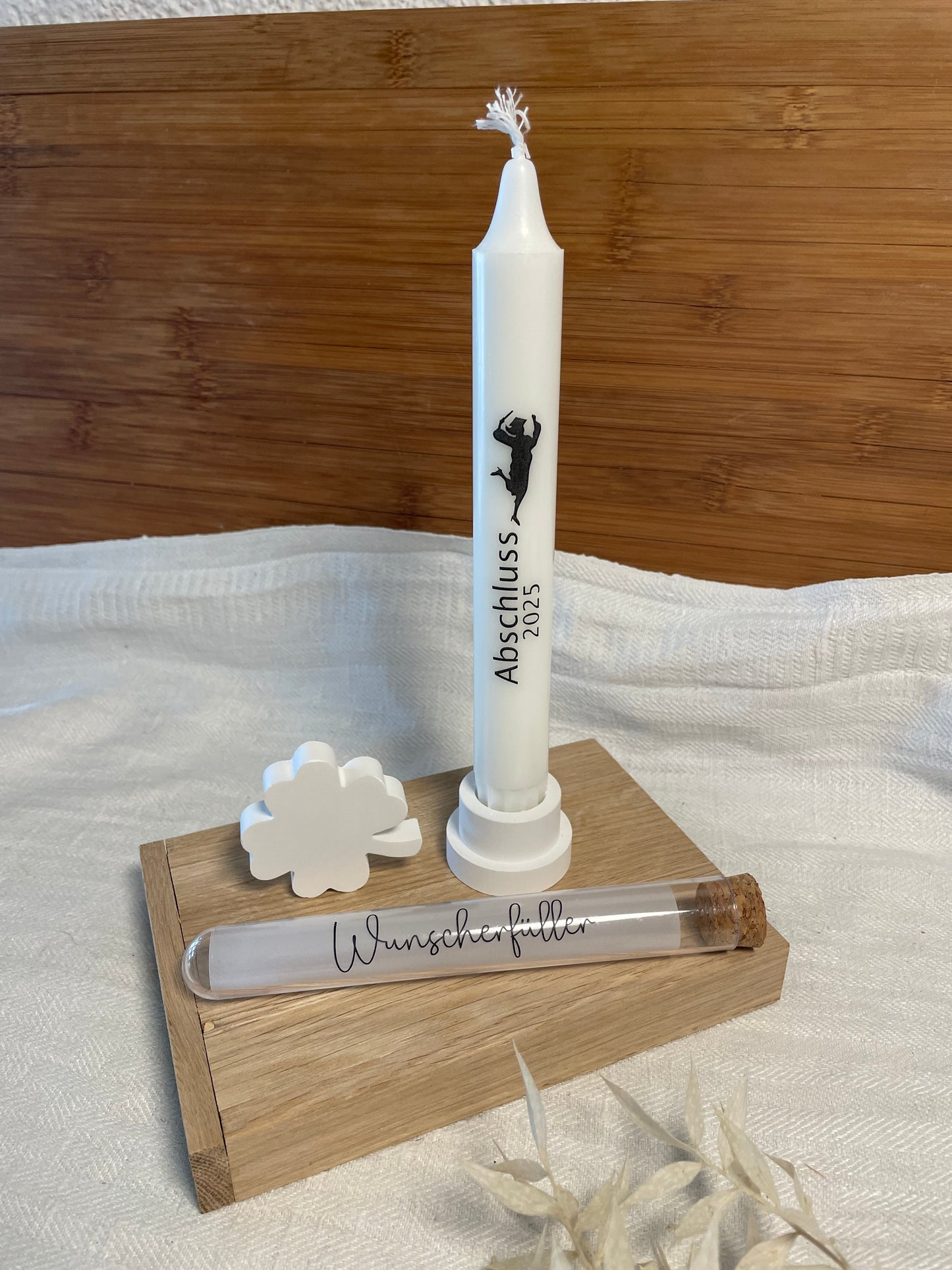 Geschenkset zum Bachelor, Master, Abschluss, Promotion oder Doktor / mit oder ohne Geldröhrchen / Geldgeschenk /  Kerzenbotschaft / Glückwünsche