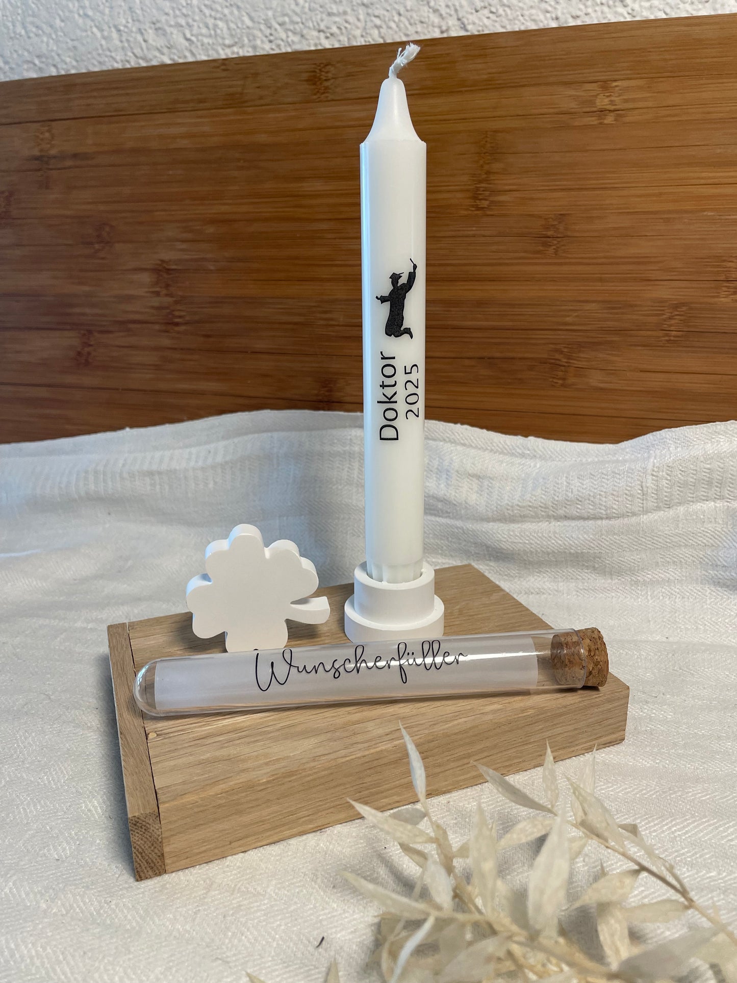 Geschenkset zum Bachelor, Master, Abschluss, Promotion oder Doktor / mit oder ohne Geldröhrchen / Geldgeschenk /  Kerzenbotschaft / Glückwünsche