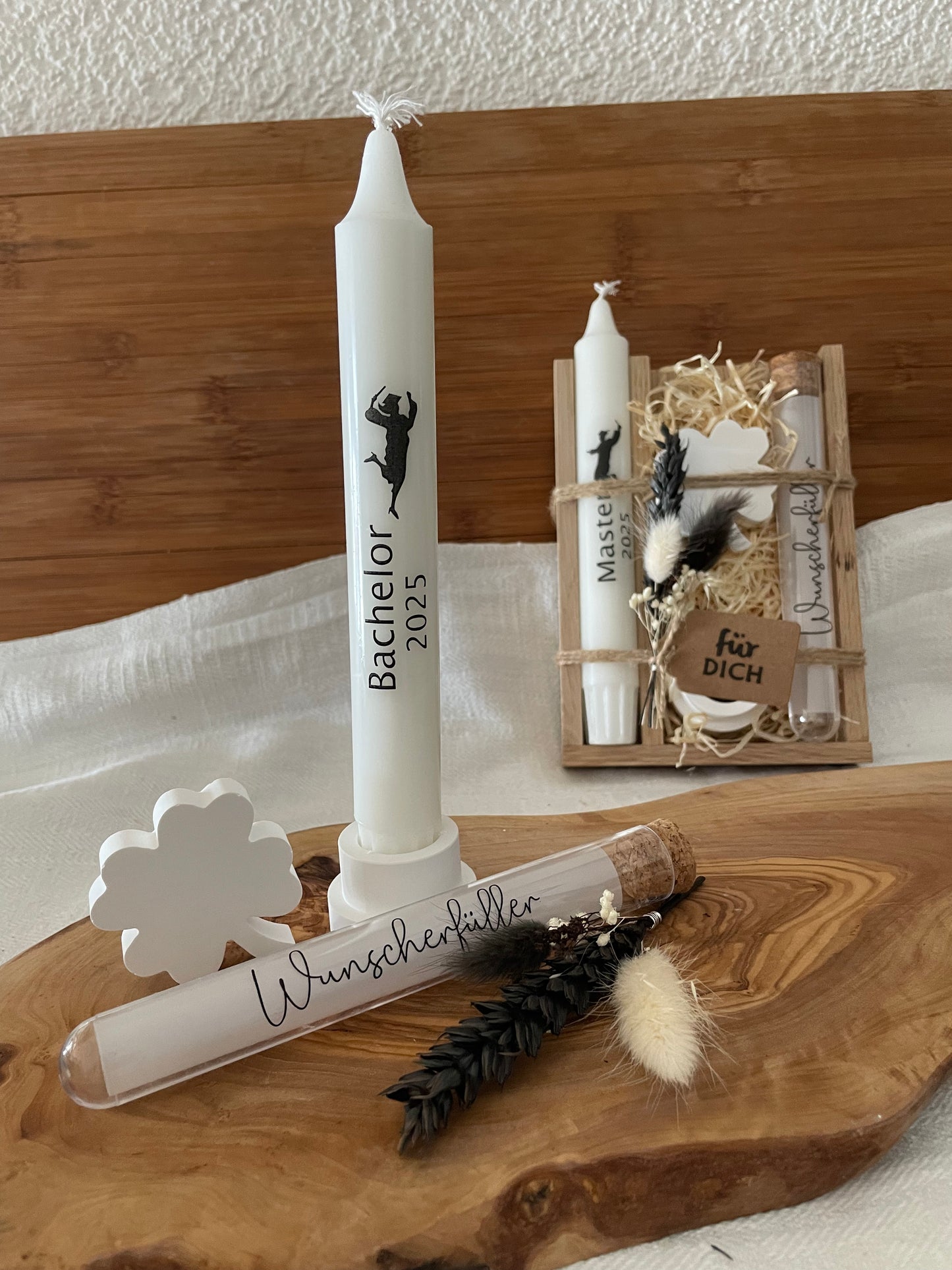 Geschenkset zum Bachelor, Master, Abschluss, Promotion oder Doktor / mit Geldröhrchen / Geldgeschenk /  Kerzenbotschaft / Glückwünsche