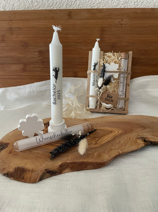Geschenkset zum Bachelor, Master, Abschluss, Promotion oder Doktor / mit Geldröhrchen / Geldgeschenk /  Kerzenbotschaft / Glückwünsche